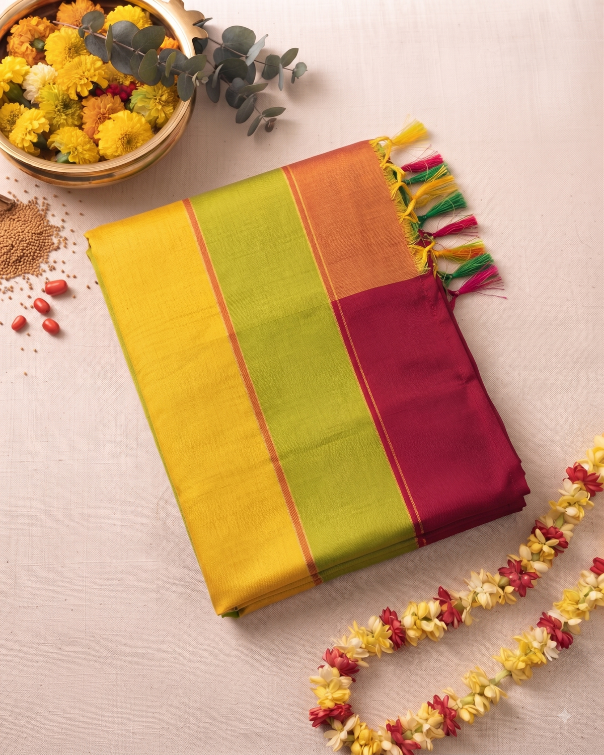 Yellow, Rani Pink & Yellow Pure Cotton Saree