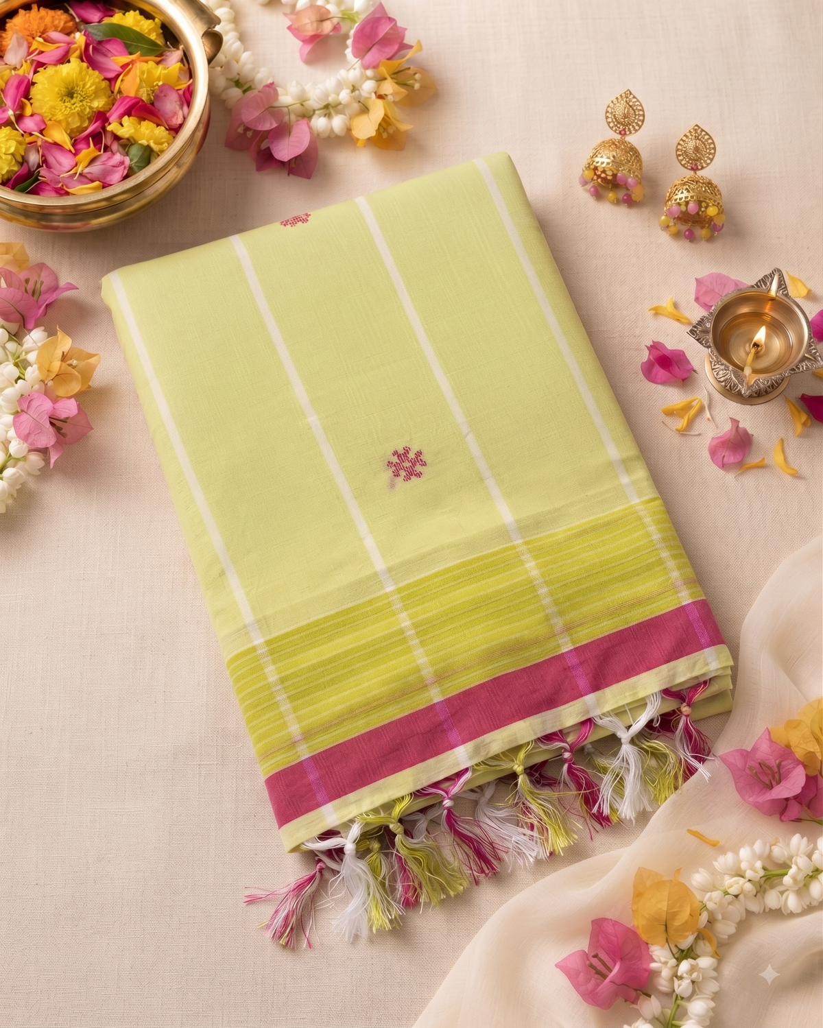 Pure Cotton Lemon Green Handloom Saree