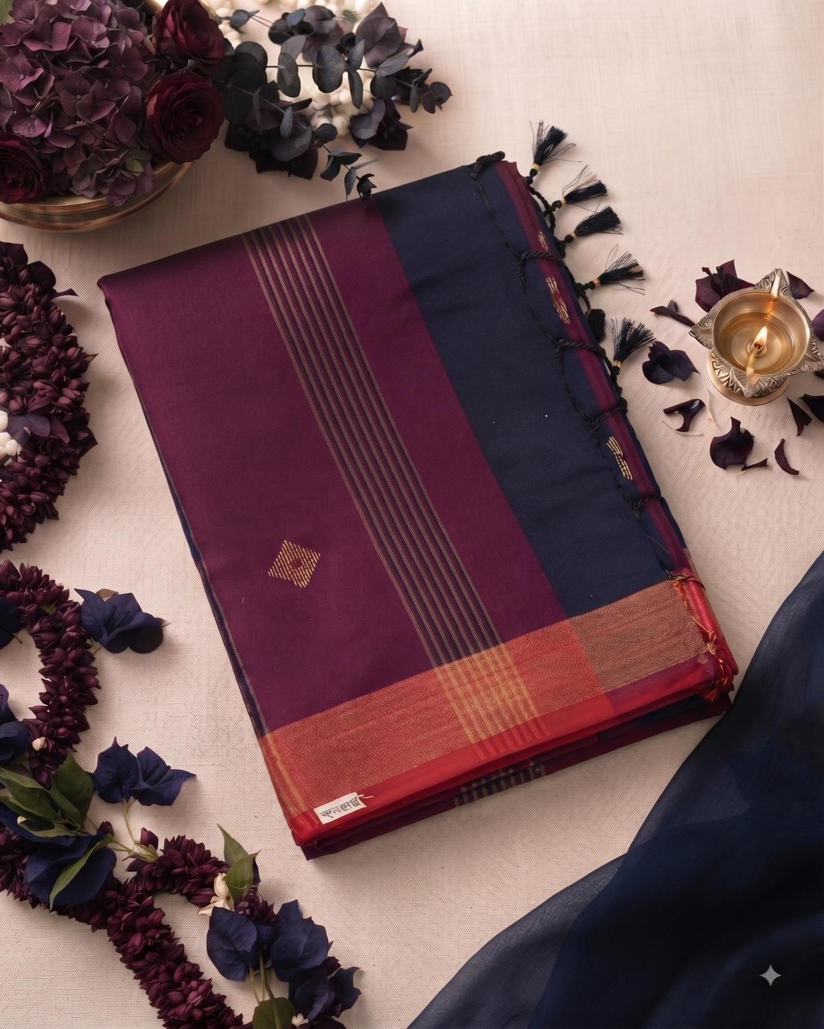 Purple-Navy-Golden Booti Pure Cotton Saree