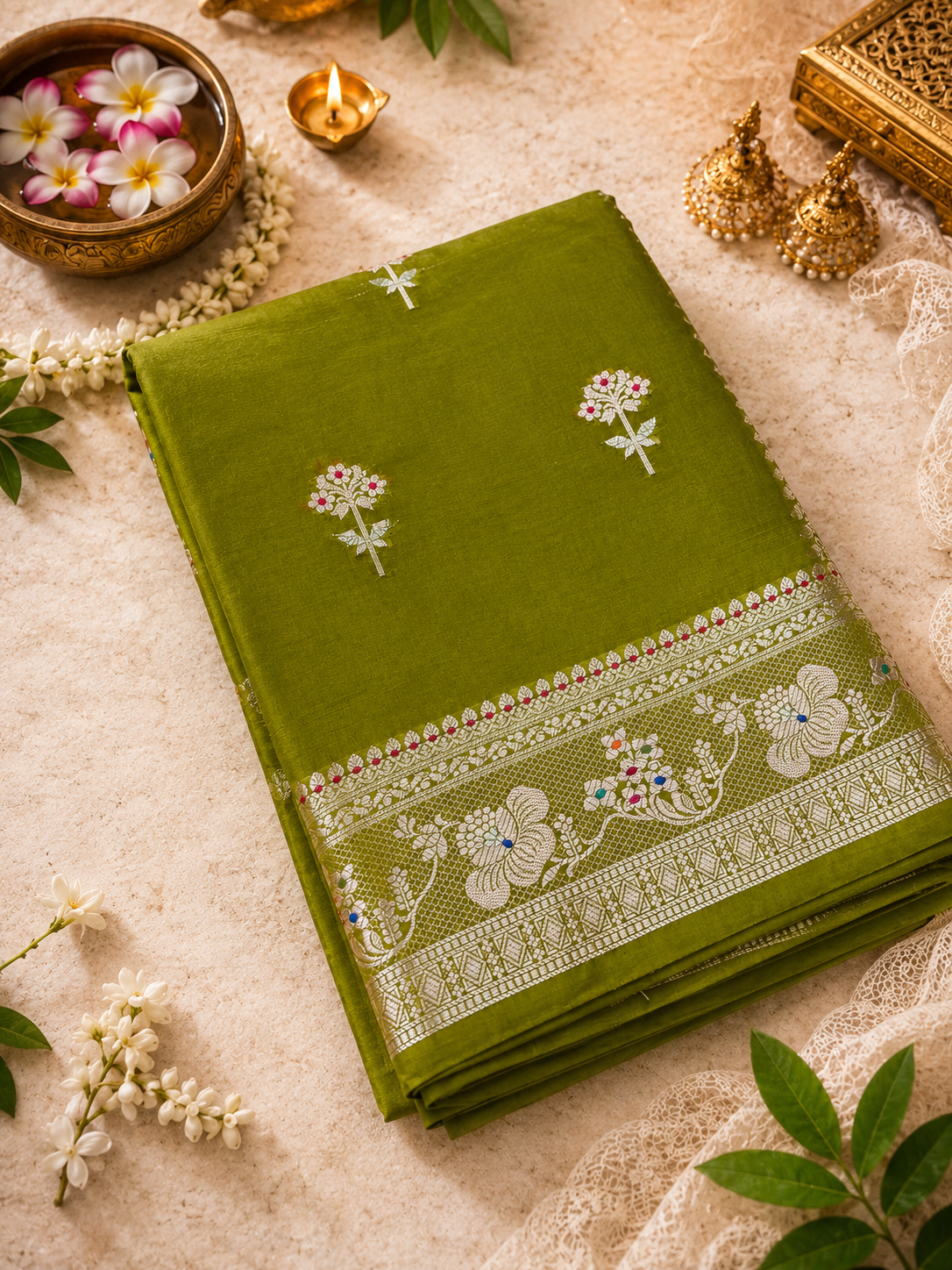 Olive Green Banarasi Silk Saree