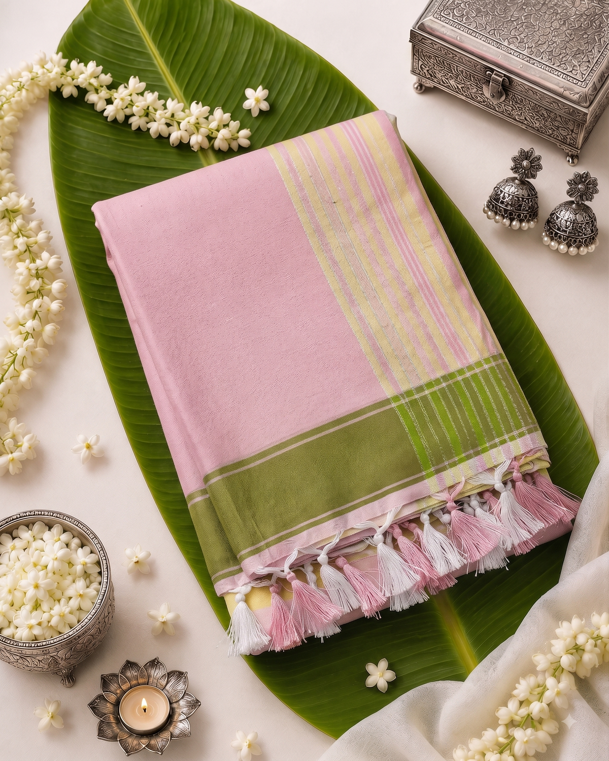 Pure Cotton Pink & Green Handloom Saree