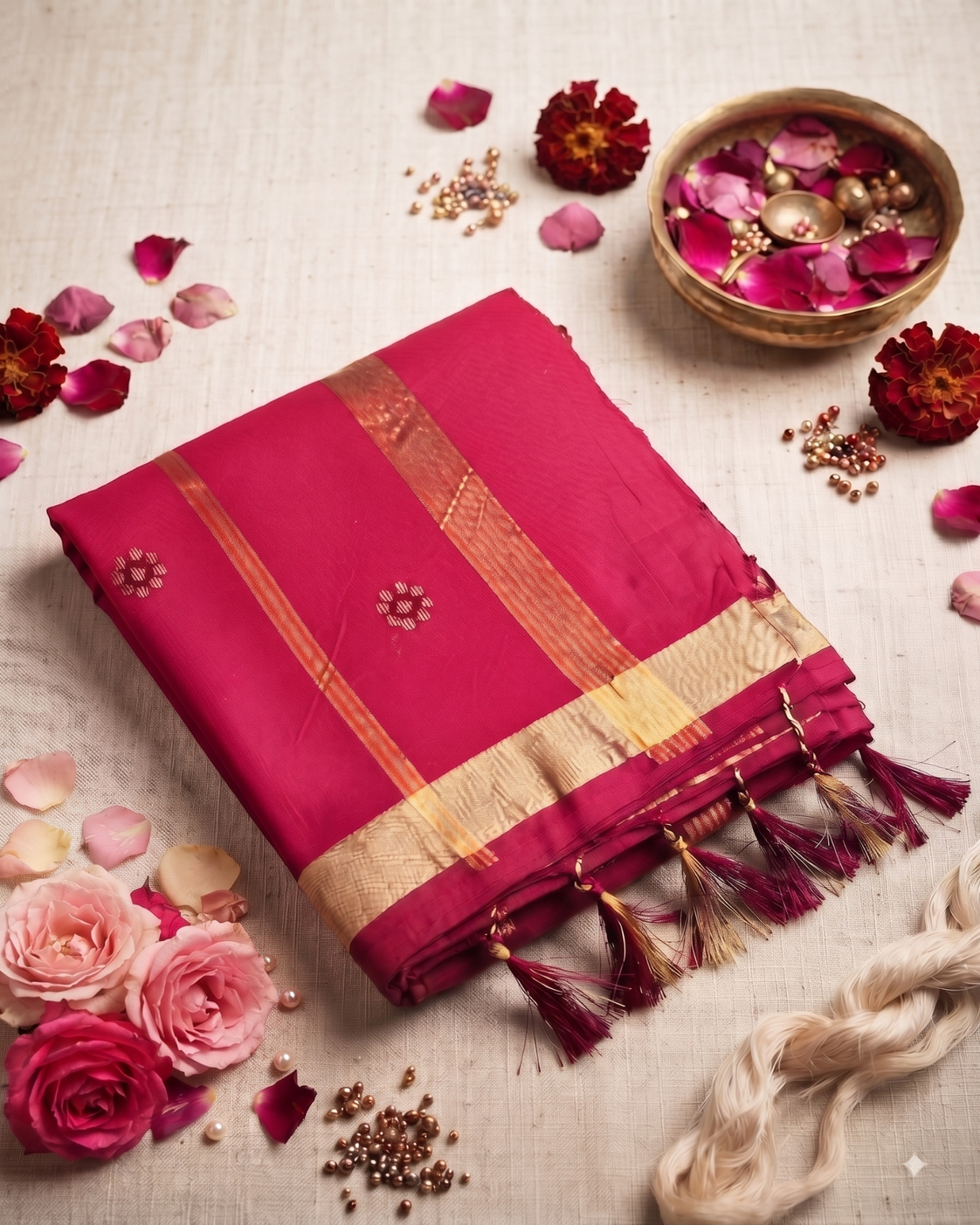 Rani Pink Golden Booti Pure Cotton Saree