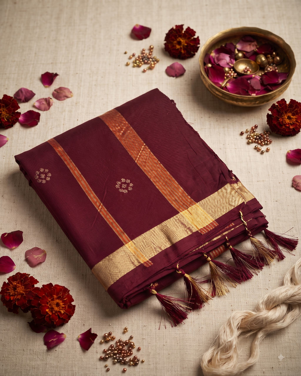Maroon-Golden Booti Pure Cotton Saree